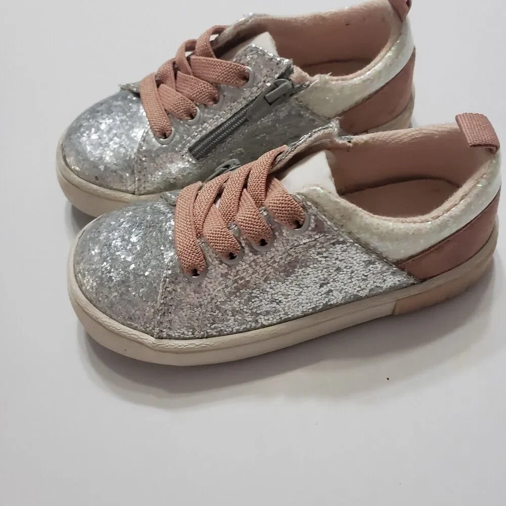 Zara Girl EU Size 23 Silver Side‎ Zipper Lace Up Low Top Shoes Sparkle Sequin